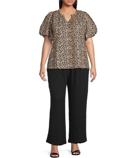 Skies Are Blue Plus Size Leopard Print Poplin Puff Sleeve Top Product Image