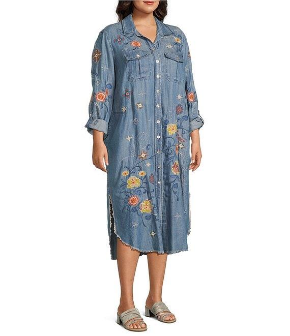 John Mark Plus Size Floral Embroidered Long Roll-Tab Sleeve Button Front Shirt Dress Product Image