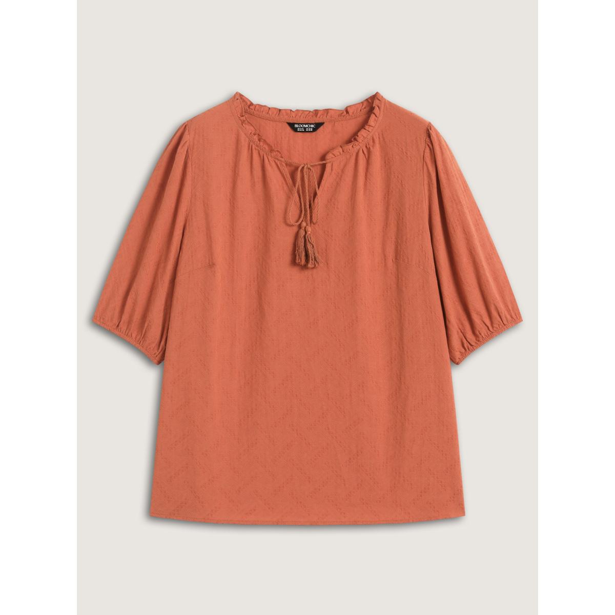 Plus Size Brightorange Pure Cotton Textured Tassel Blouse Women Boho Elbow-length sleeve V-neck Vacation Blouses BloomChic 12/L Product Image