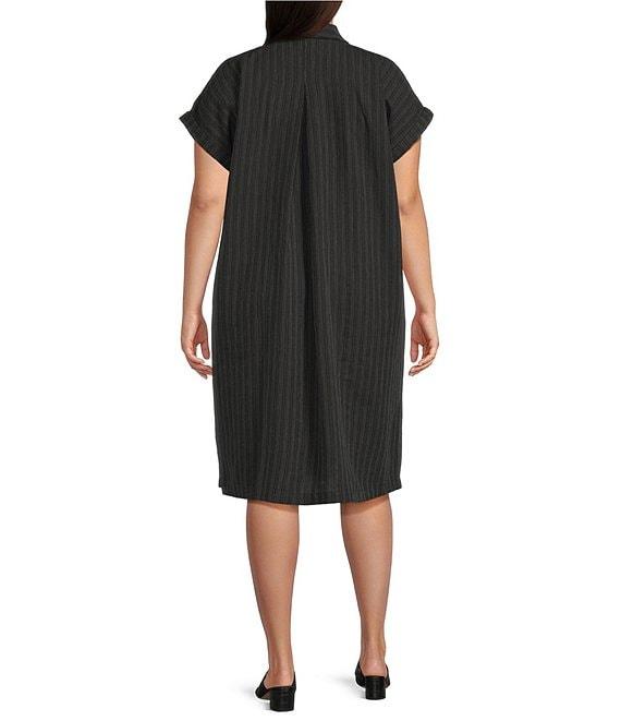 Eileen Fisher Plus Size Organic Cotton Blend Pinstripe Notch Collar Cap Sleeve Button Front Shirt Dress Product Image