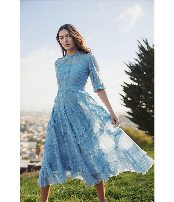 Mac Duggal Mock Neck Short Sleeve Tiered Ruffled Pleated Embellished A-Line Midi Dress Product Image