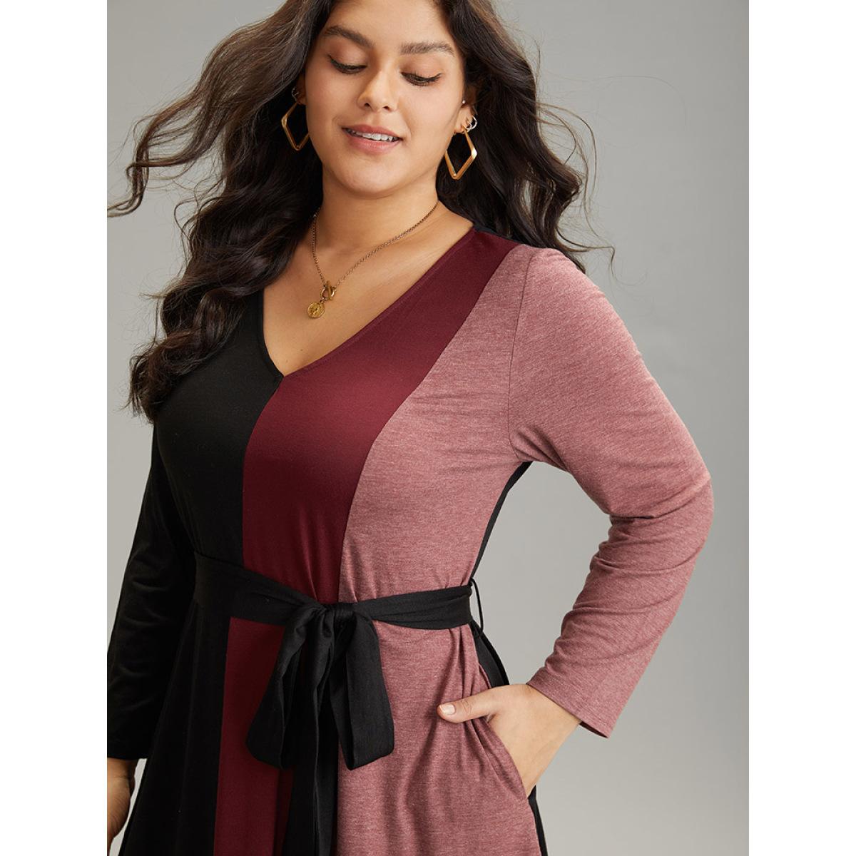 Plus Size Colorblock Patchwork Belted Pocket Long Sleeve Dress Multicolor Women Casual Belted V-neck Long Sleeve Curvy Midi Dress BloomChic 14-16/1X Product Image