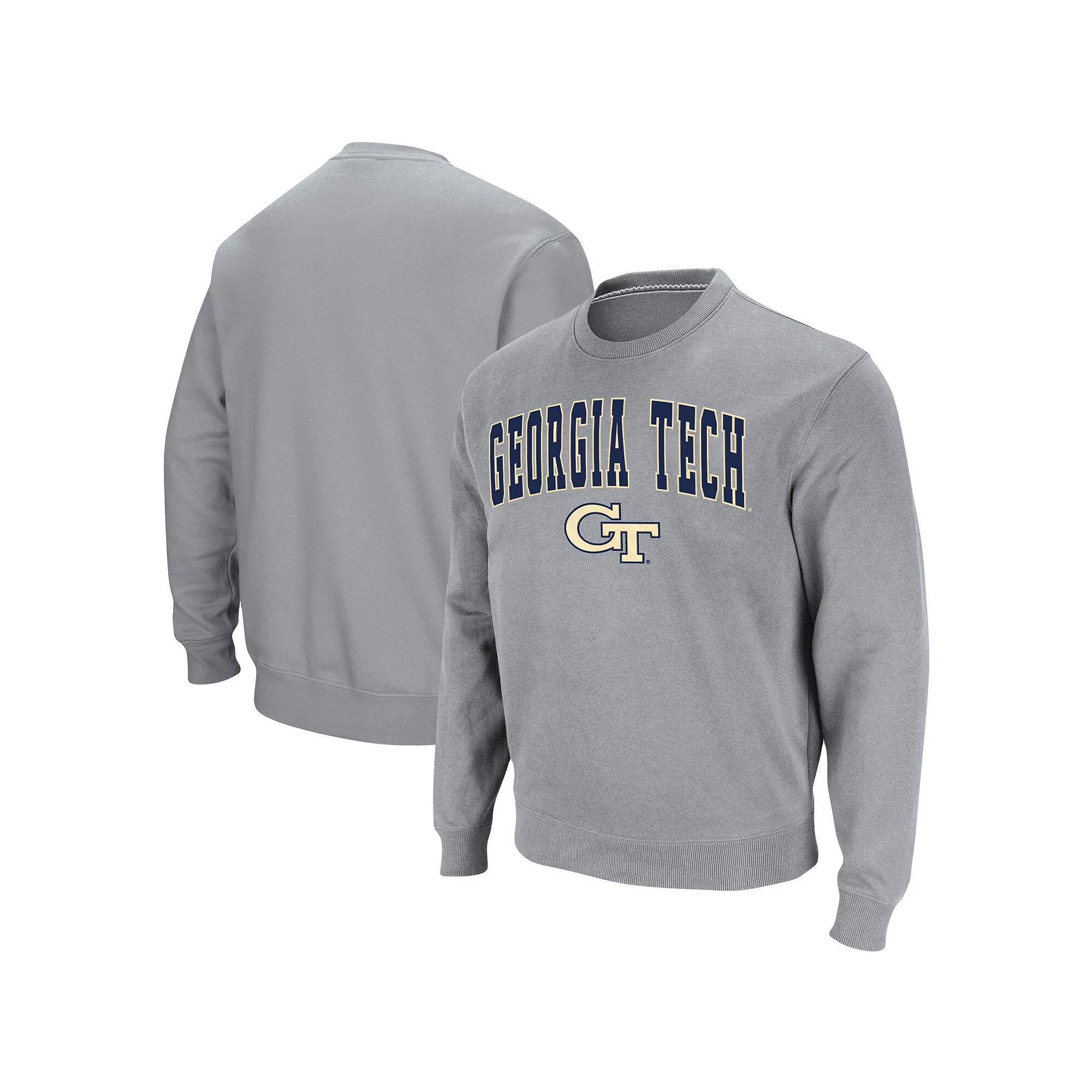 Men's Colosseum Heathered Gray Georgia Tech Yellow Jackets Arch & Logo Tackle Twill Pullover Sweatshirt,  Product Image