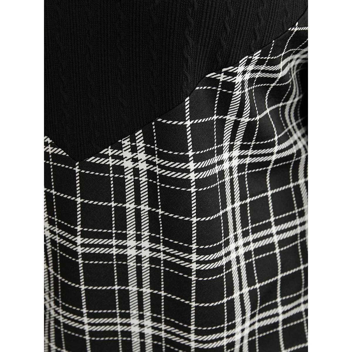 Plus Size Plaid Patchwork Button Detail Funnel Neck Sweatshirt Women Black Elegant Contrast Turtleneck Dailywear Sweatshirts BloomChic 10/M Product Image