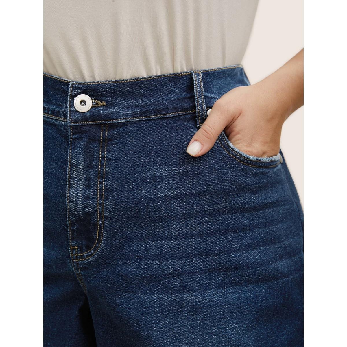 Plus Size Dark Wash Roll Hem Button Up Denim Shorts Women Denimblue Roll Hem High stretch Everyday Slanted pocket Casual Denim Shorts BloomChic 24/3X Product Image