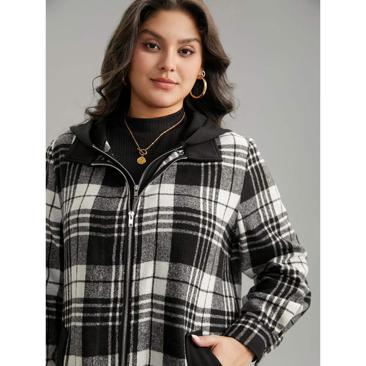 Plus Size Plaid Patchwork Zipper Contrast Hooded Jacket Women Black Contrast Pocket Everyday Jackets BloomChic 10/M Product Image