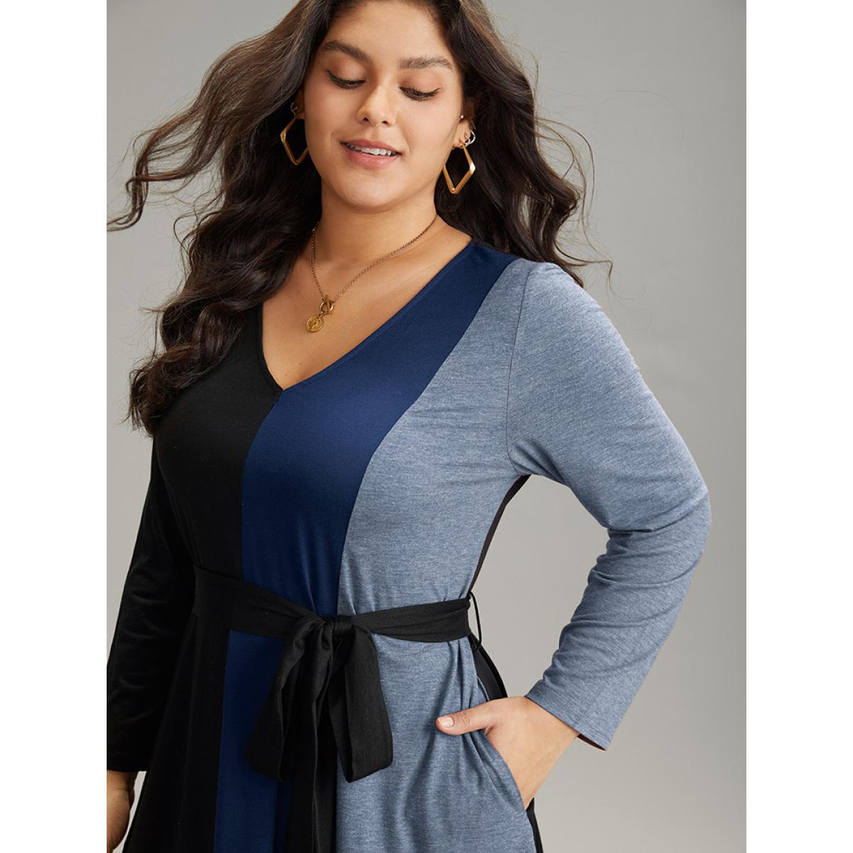 Plus Size Colorblock Patchwork Belted Pocket Long Sleeve Dress DarkBlue Women Casual Belted V-neck Long Sleeve Curvy Midi Dress BloomChic 30/6X Product Image