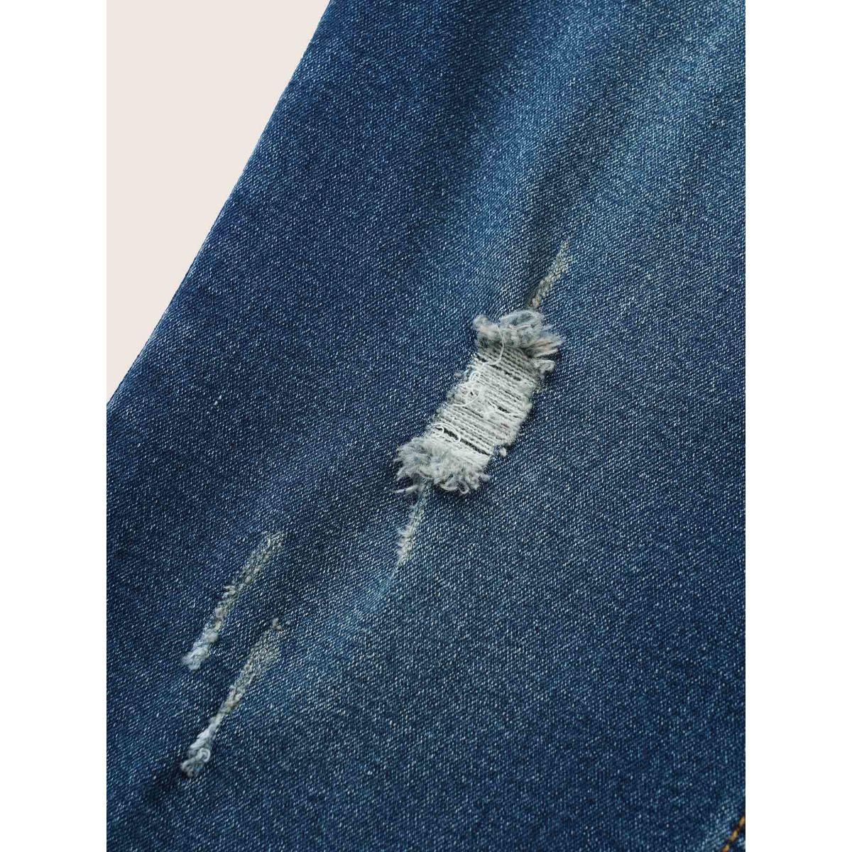 Plus Size Roll Hem Ripped Pocket Straight Leg Cropped Jeans Women Aegean Casual Plain Non High stretch Slanted pocket Jeans BloomChic 18/2X Product Image