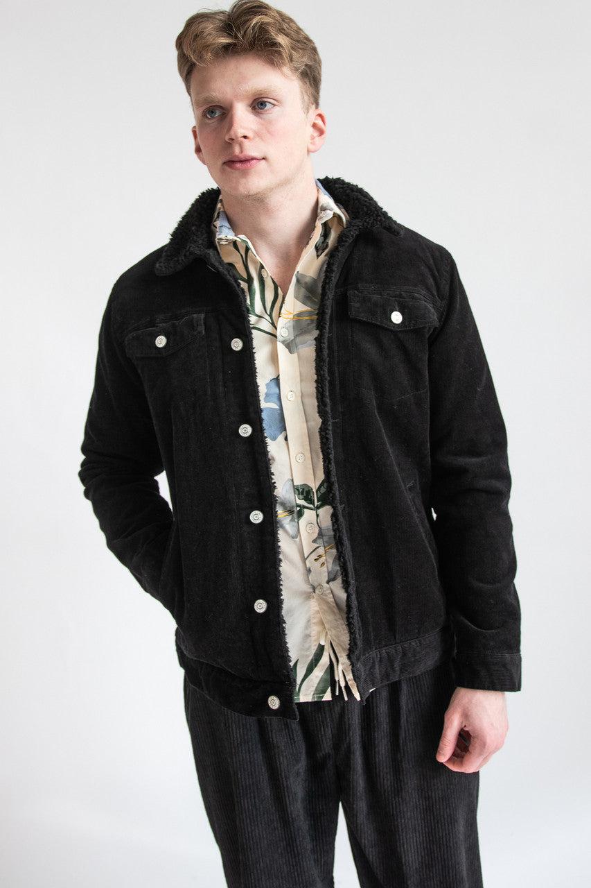 Black Sherpa Lined Corduroy Trucker Jacket Product Image
