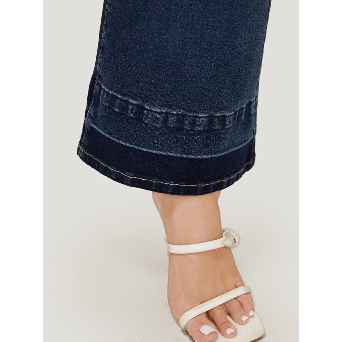 Plus Size Flare Leg Very Stretchy Dark Wash Contrast Patchwork Jeans Women Indigo Casual Plain Contrast High stretch Pocket Jeans BloomChic 24/3X Product Image