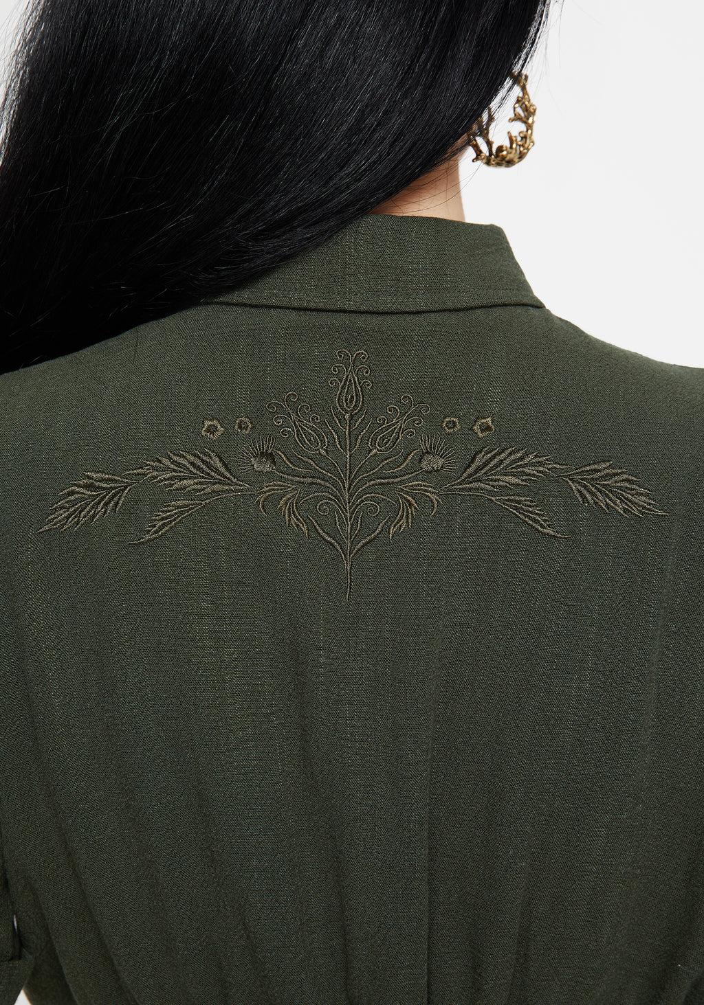 Foliate Linen-Blend Embroidered Short Sleeve Crop Shirt - Green Product Image