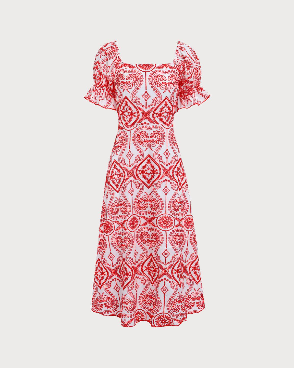 Women's Geometric Embroidery Ruffle Cotton Midi Dress Female Product Image