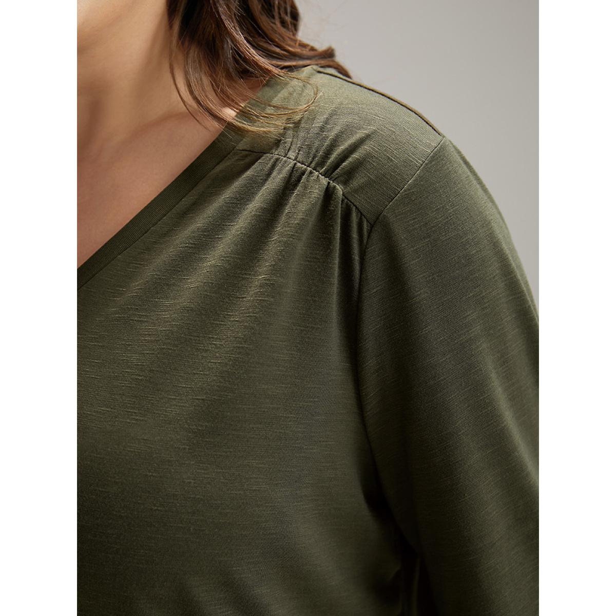 Plus Size Plain V Neck Gathered Shirred Sleeve T-shirt ArmyGreen Women Casual Elastic cuffs Plain V-neck Everyday T-shirts BloomChic 10/M Product Image