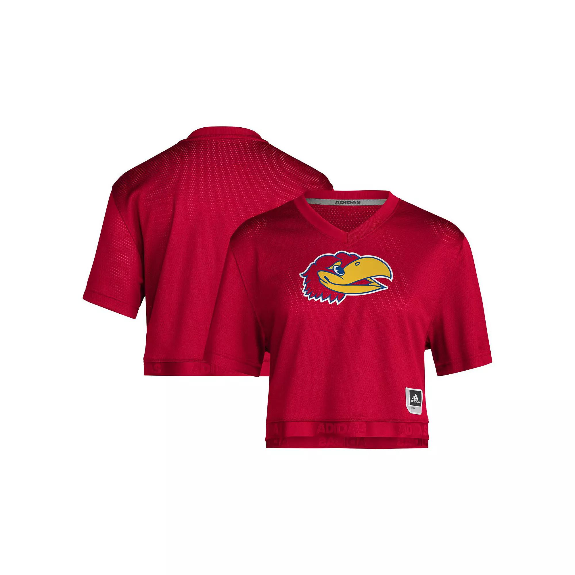 Women's adidas Red Kansas Jayhawks Primegreen V-Neck Cropped Jersey,  Product Image