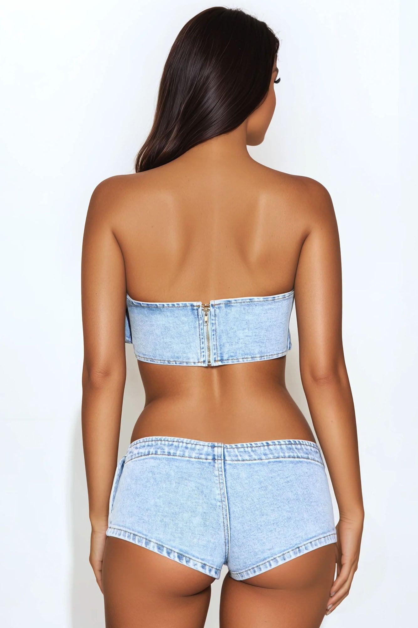 The Baddie Fit Denim Micro Short Set - Light Wash Product Image