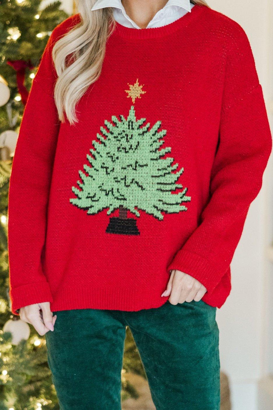 Home For The Holidays Red Christmas Tree Sweater Female Product Image