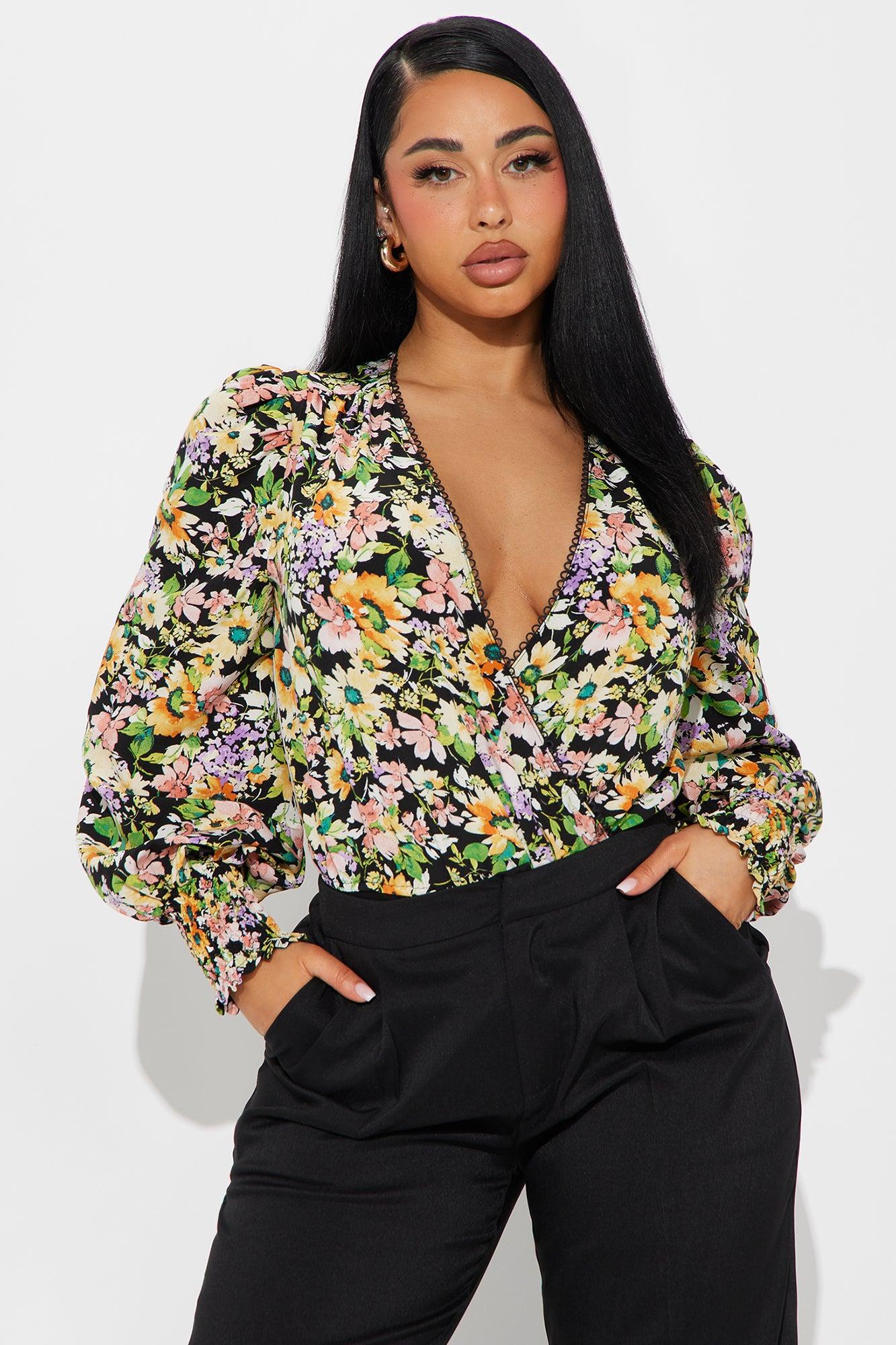 Floral Delight Surplice Bodysuit - Black/combo Product Image