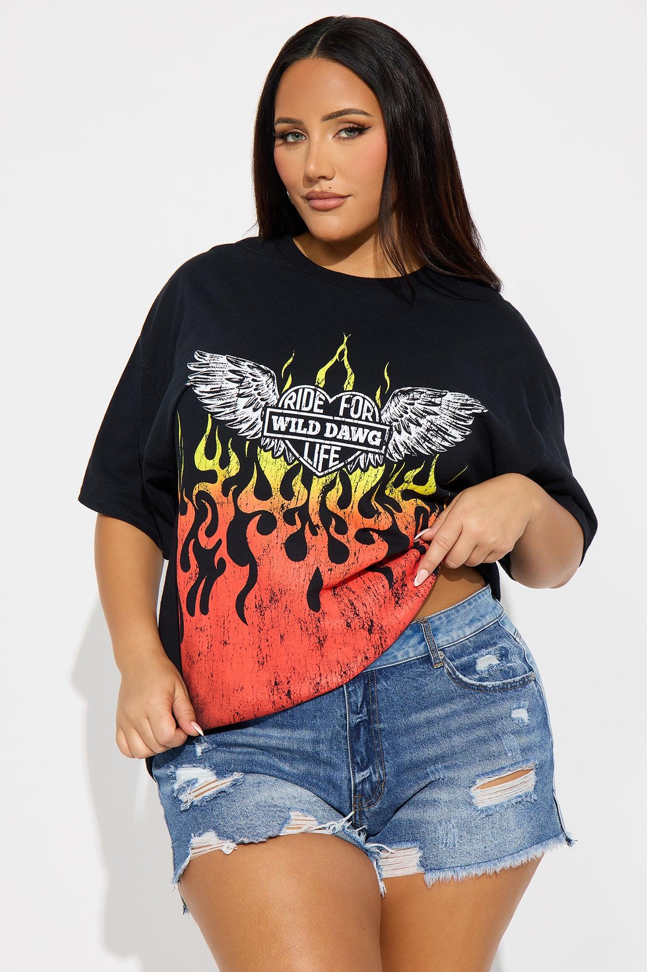 Flames Angel Wings Oversized Tee - Black Female Product Image