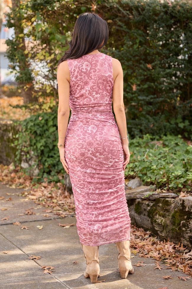 Ali Mauve Lace Print Mesh Midi Dress Product Image