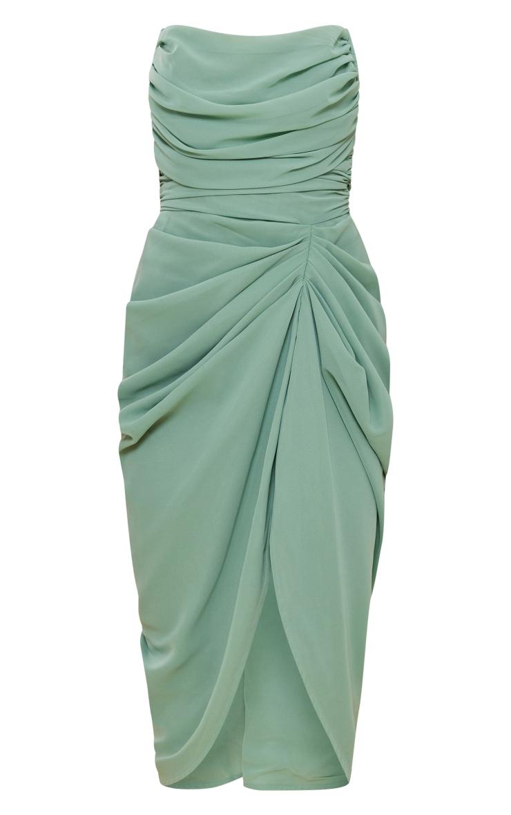 Sage Green Chiffon Corset Bandeau Draped Midi Dress Product Image