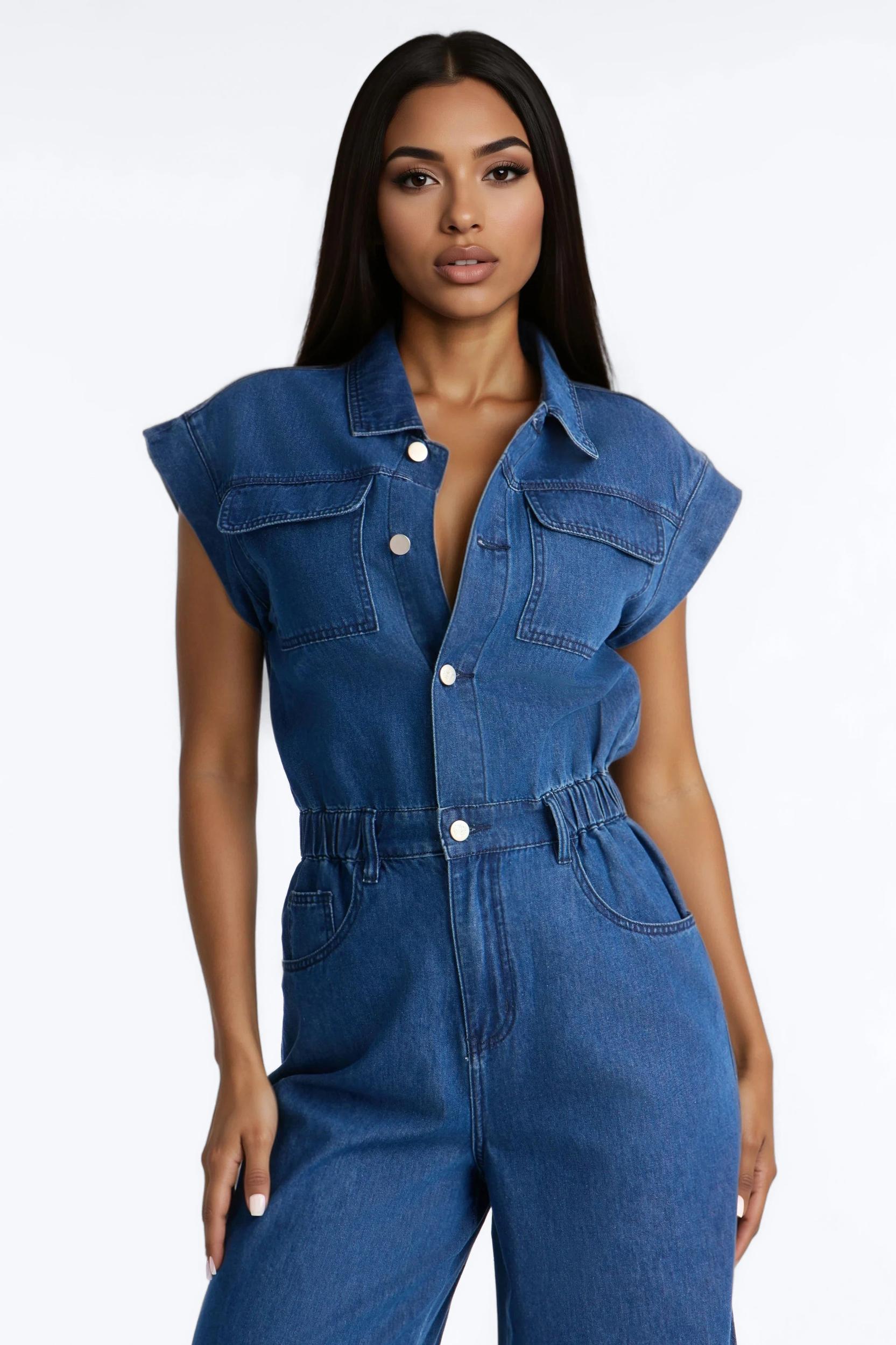 Jelina Denim Collar Wide Leg Jumpsuit - Medium Wash Female Product Image