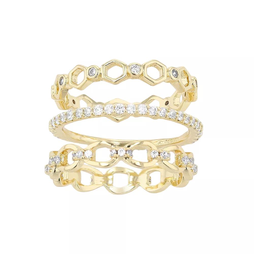 14k Gold Over Silver Cubic Zirconia Ring Trio Set, Womens Gold Tone Product Image