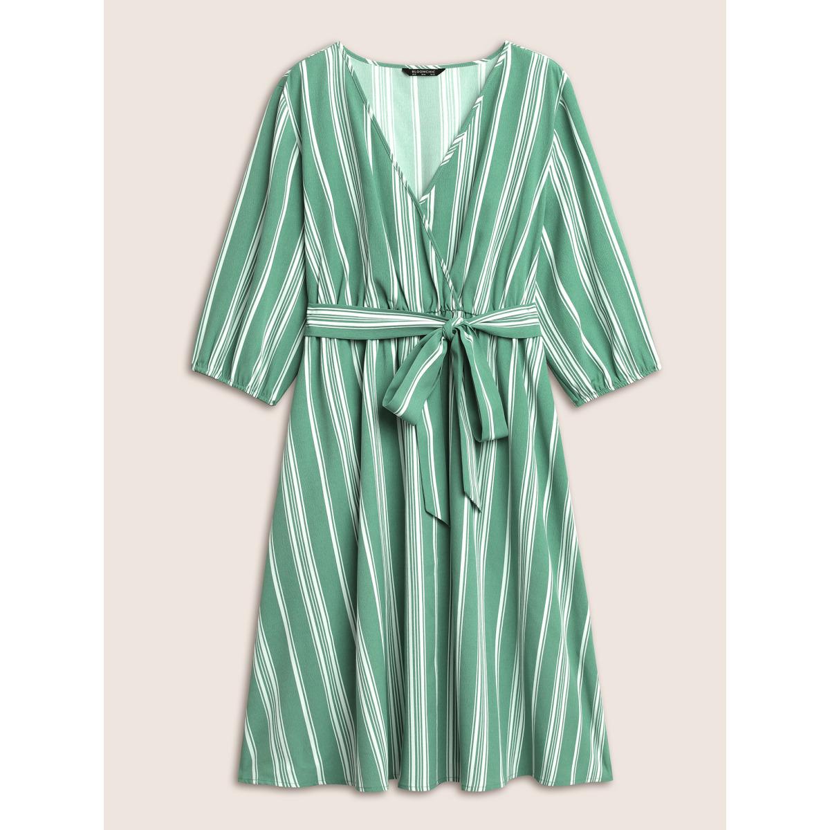 Plus Size Striped Elastic Waist Belted Wrap Dress Mint Women At the Office Non Overlap Collar Elbow-length sleeve Curvy Midi Dress BloomChic 14-16/1X Product Image