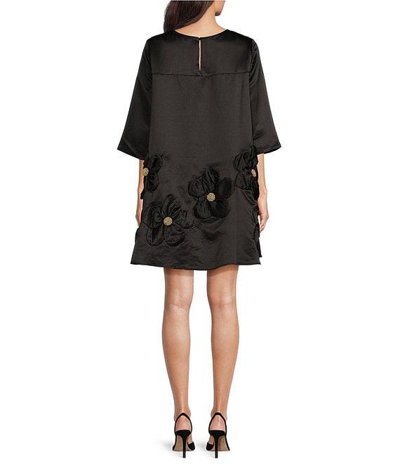 FRANCES VALENTINE Edie Tafetta Floral Applique 3/4 Sleeve Dress Product Image