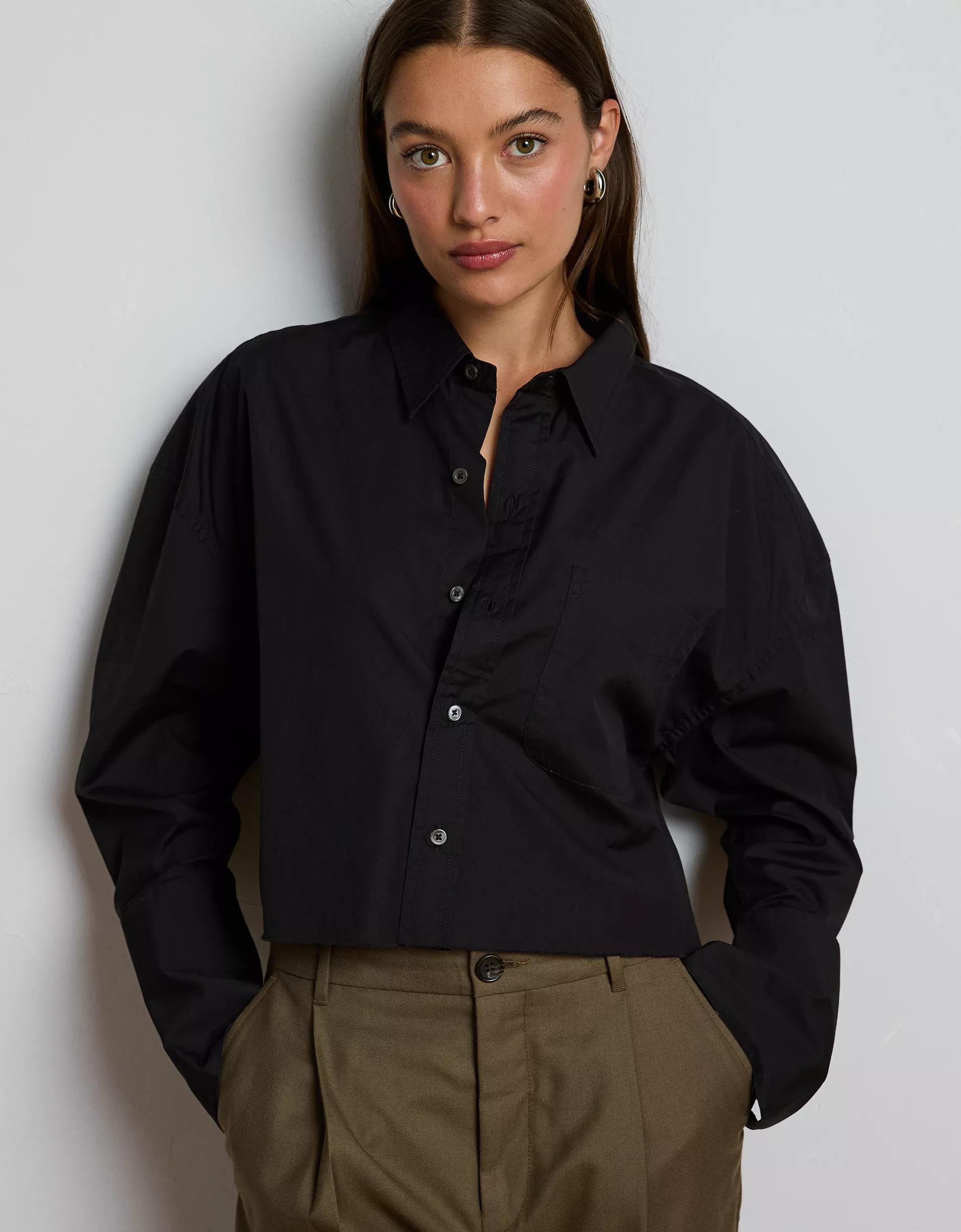 AE77 Premium Long-Sleeve Boxy Crop Tuxedo Shirt Product Image