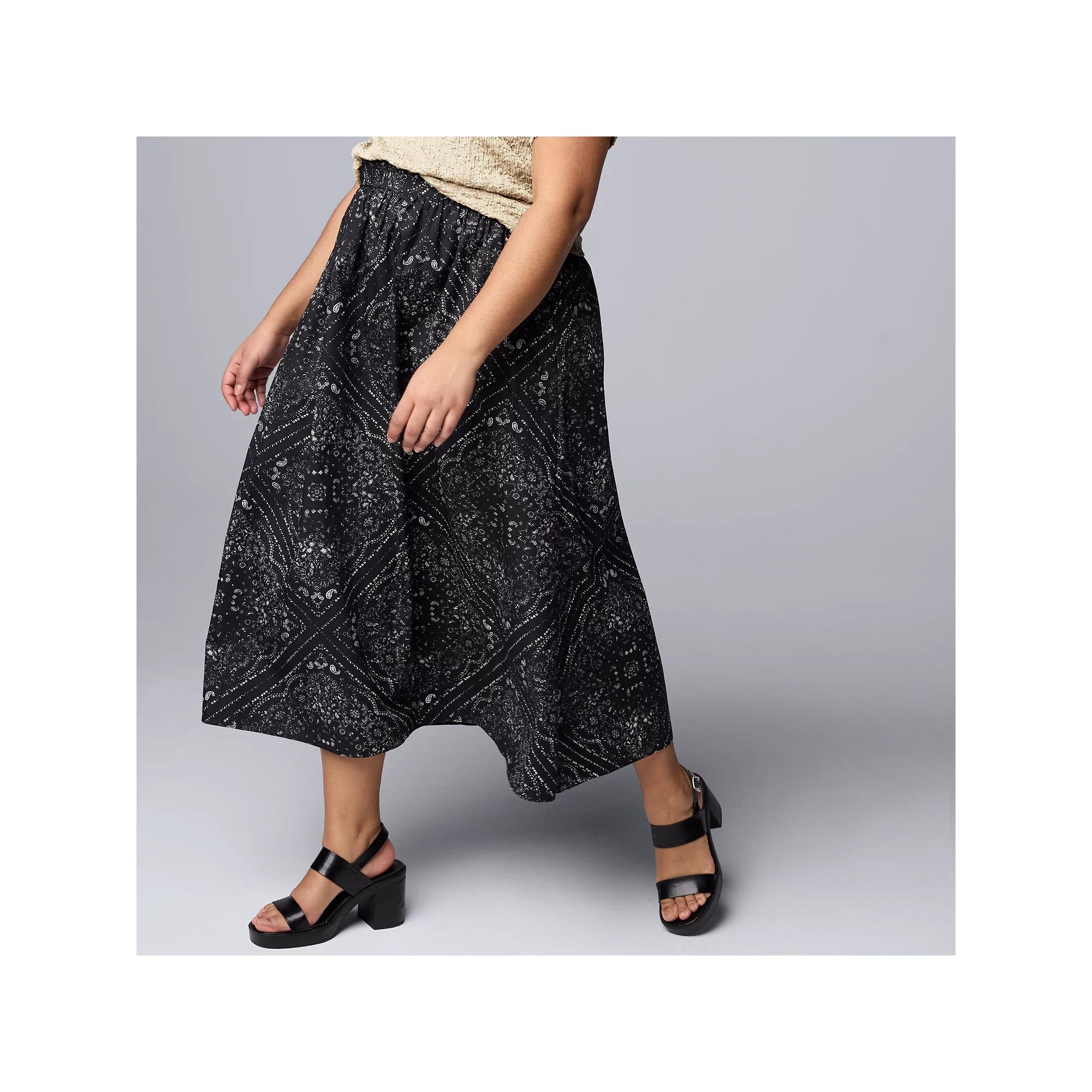 Plus Size Simply Vera Vera Wang Shirred Midi Skirt, Women's, Size: 1XL, Black Bandana Tile Product Image