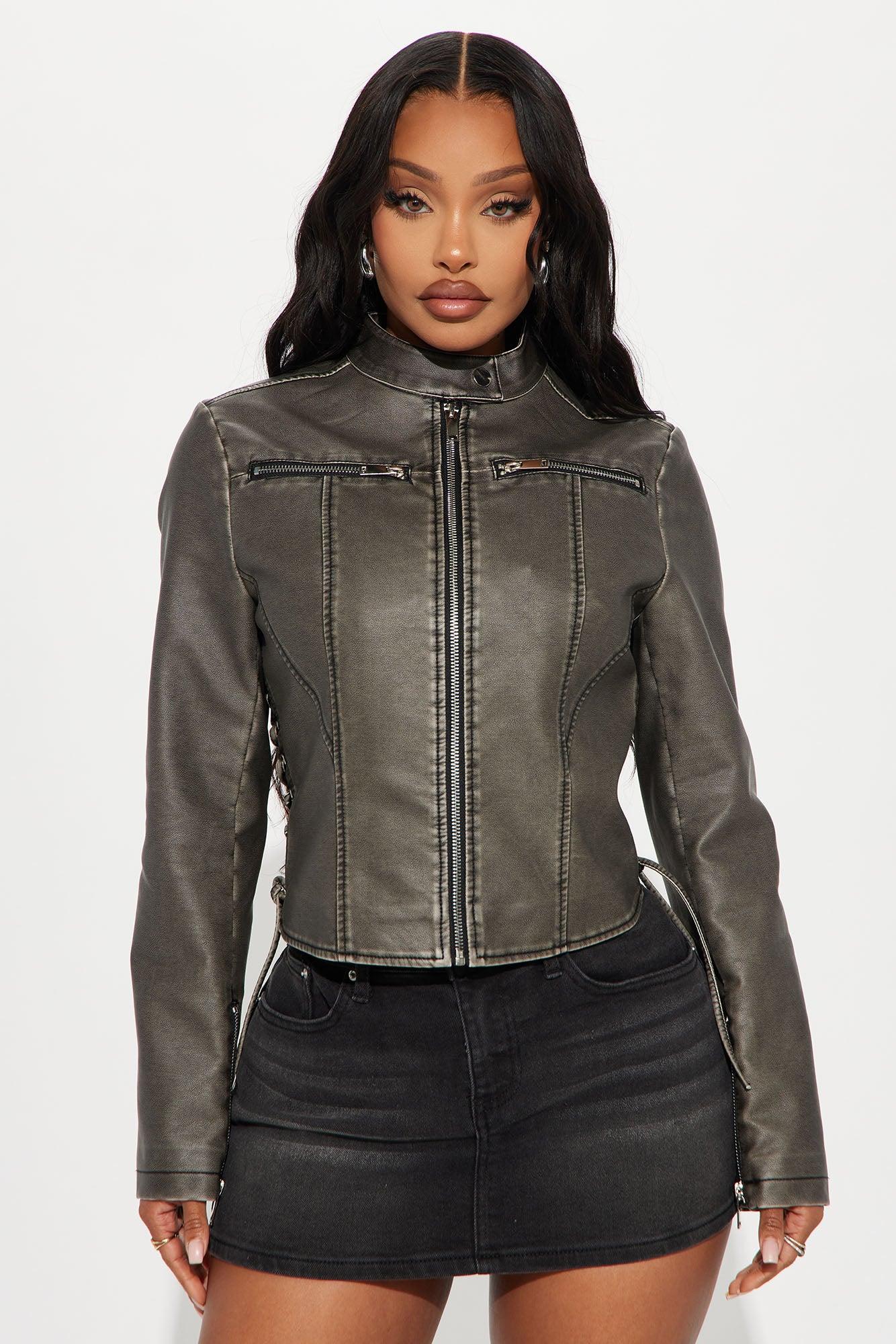 Leona Faux Leather Lace Up Jacket - Black Product Image