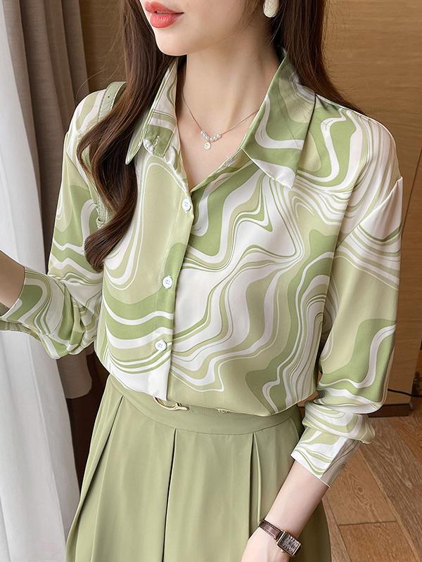 Long Sleeves Loose Buttoned Printed Lapel Blouses&Shirts Tops Product Image