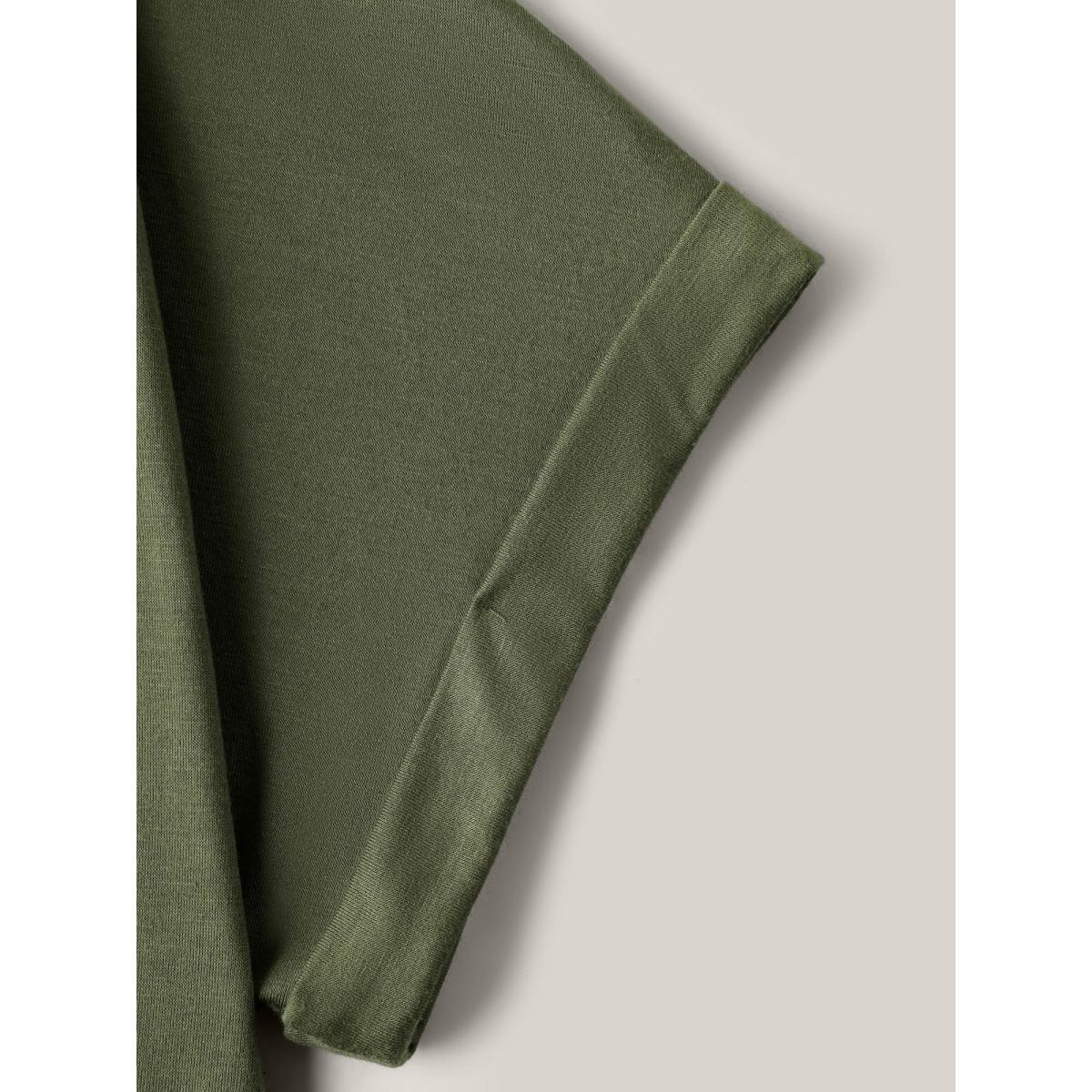 Plus Size Cut-Out Back Detail Plain T-Shirt ArmyGreen Women Roll Hem V-neck Everyday-Casual T-shirts BloomChic 10/M Product Image