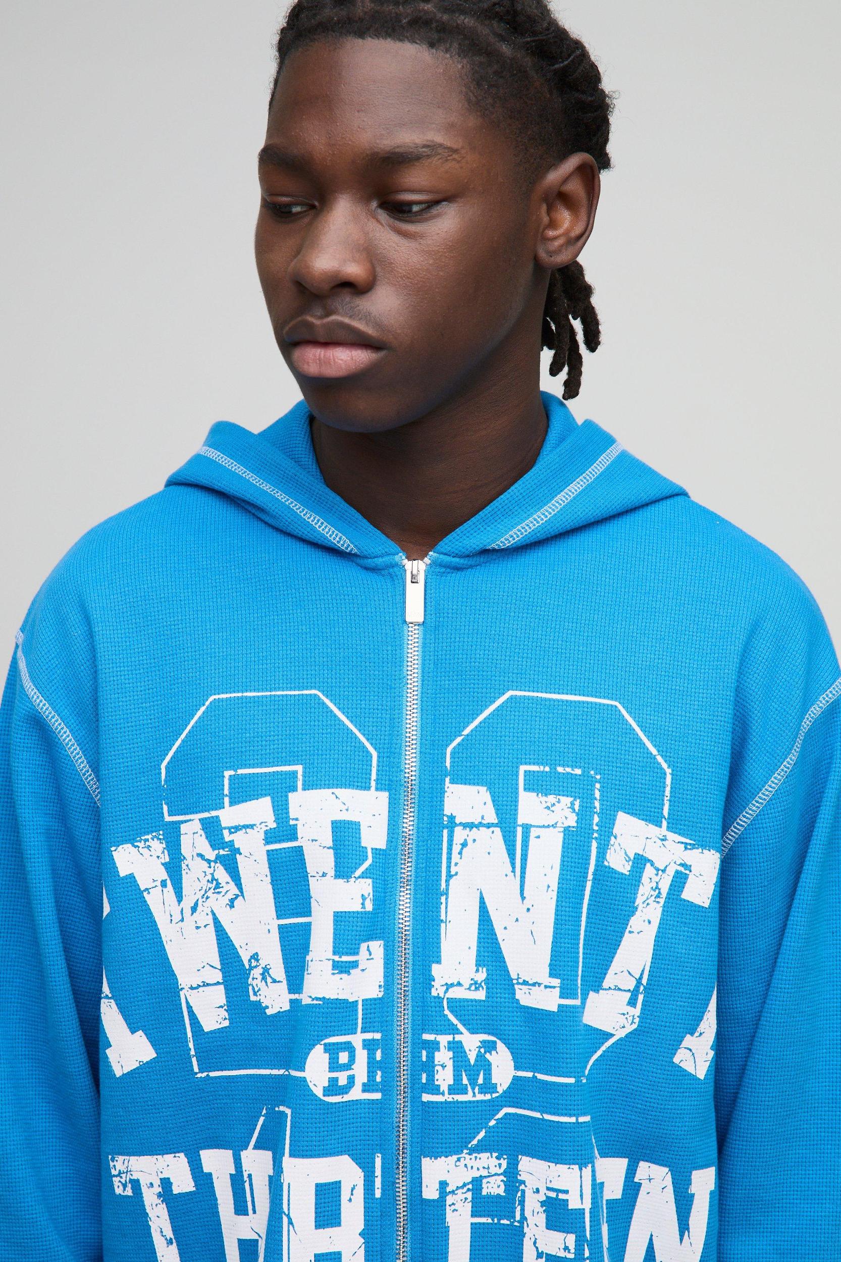 Oversized Boxy Waffle Varsity Zip Through Hoodie | boohooMAN USA Product Image