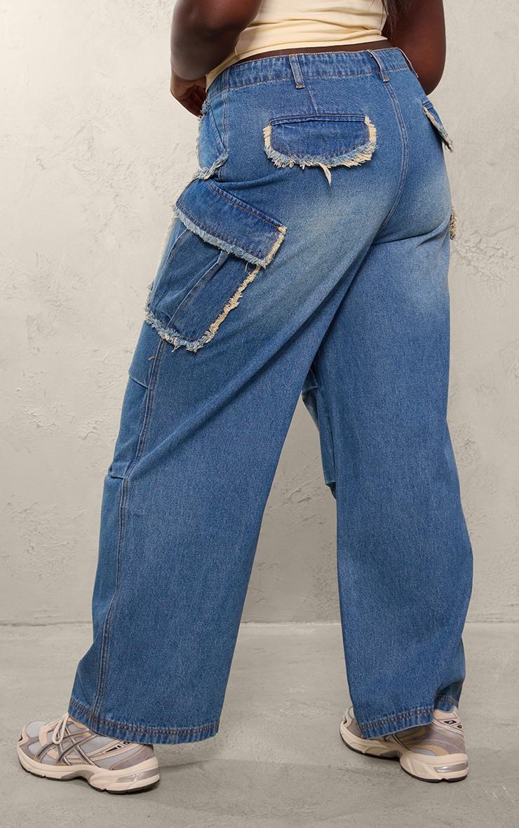 Plus Indigo Blue Wash Frayed Pocket Detail Wide Cargo Leg Jeans Product Image