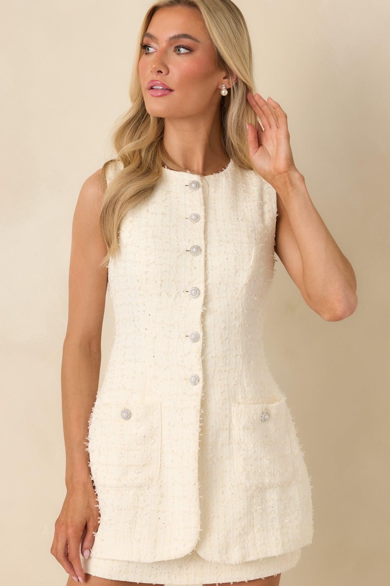 Won’t Back Down Ivory Textured Woven Sleeveless Mini Dress Product Image