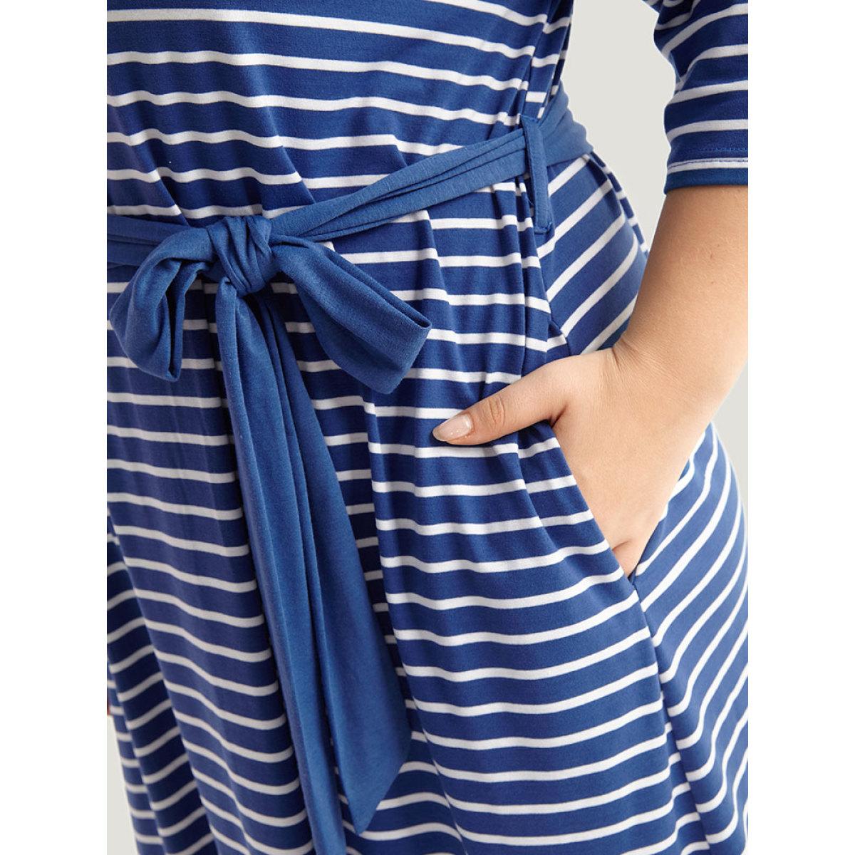 Plus Size Striped Belted Notched Dress Blue Women Casual Belted Notched collar Elbow-length sleeve Curvy Midi Dress BloomChic 28/5X Product Image