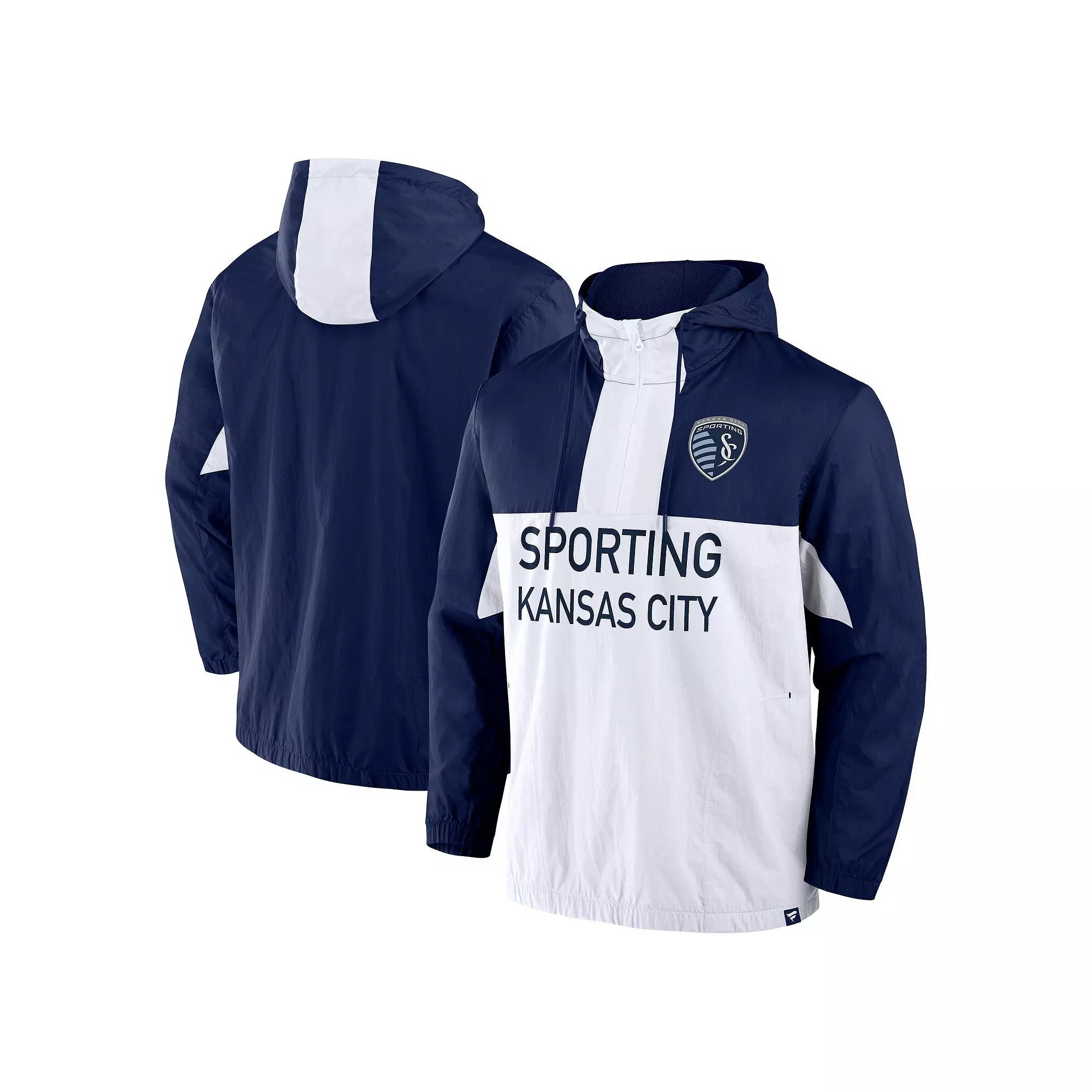 Men's Fanatics Navy Sporting Kansas City Free Kick Woven Quarter-Zip Hoodie Jacket,  Product Image
