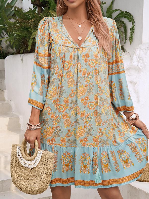 A-Line Loose Contrast Color Drawstring Flower Print Pleated Split-Joint V-Neck Mini Dresses Product Image