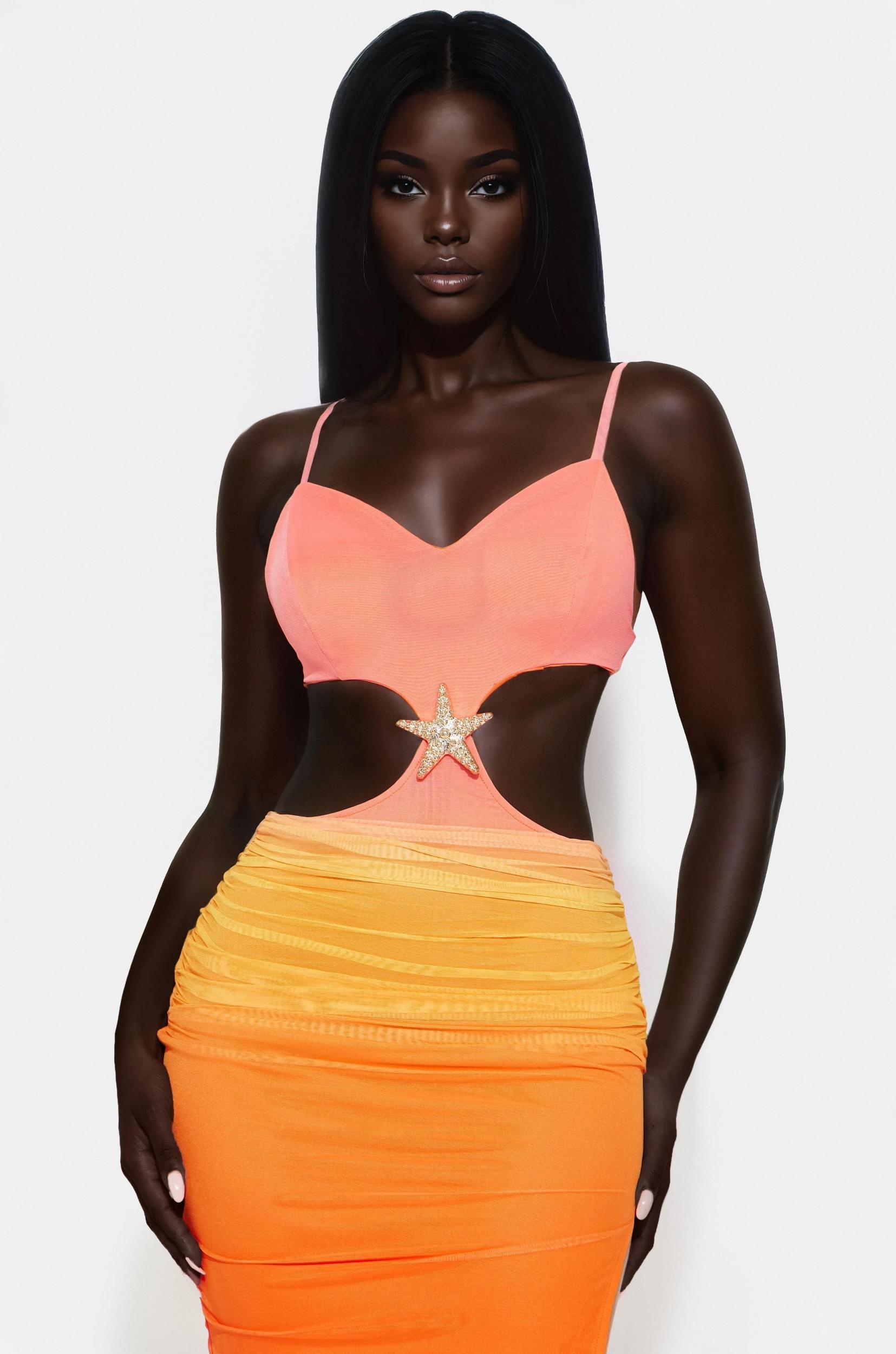 Oceana Ombre Mesh Maxi Dress - Orange/combo Female Product Image