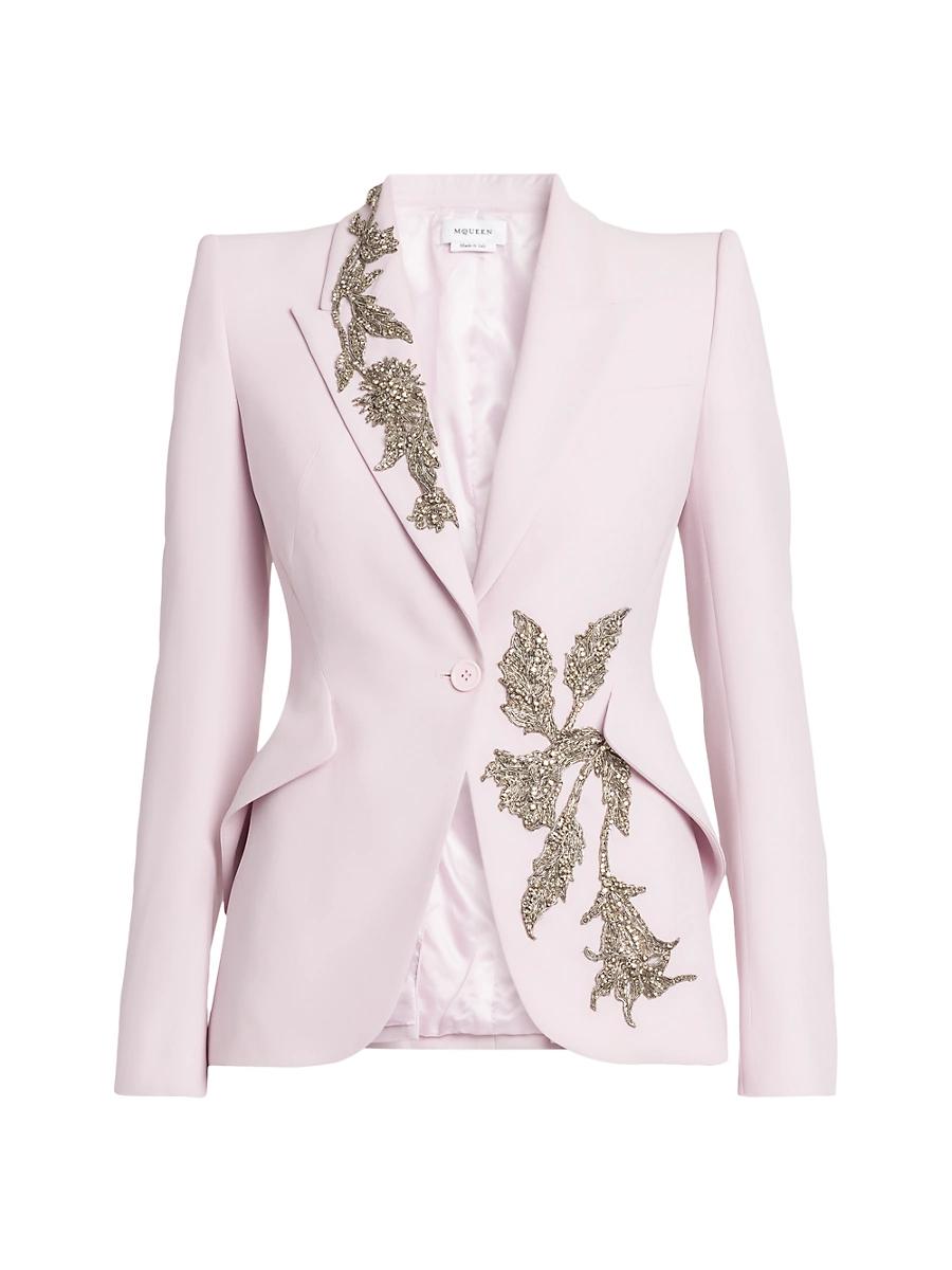 Womens Floral Beaded Crepe Single-Breasted Jacket Product Image