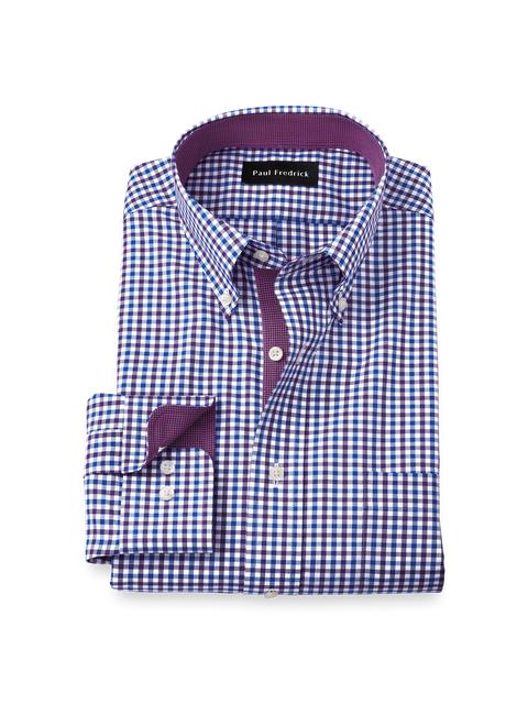 Non-Iron Cotton Gingham Dress Shirt With Contrast Trim - Blue/purple Product Image