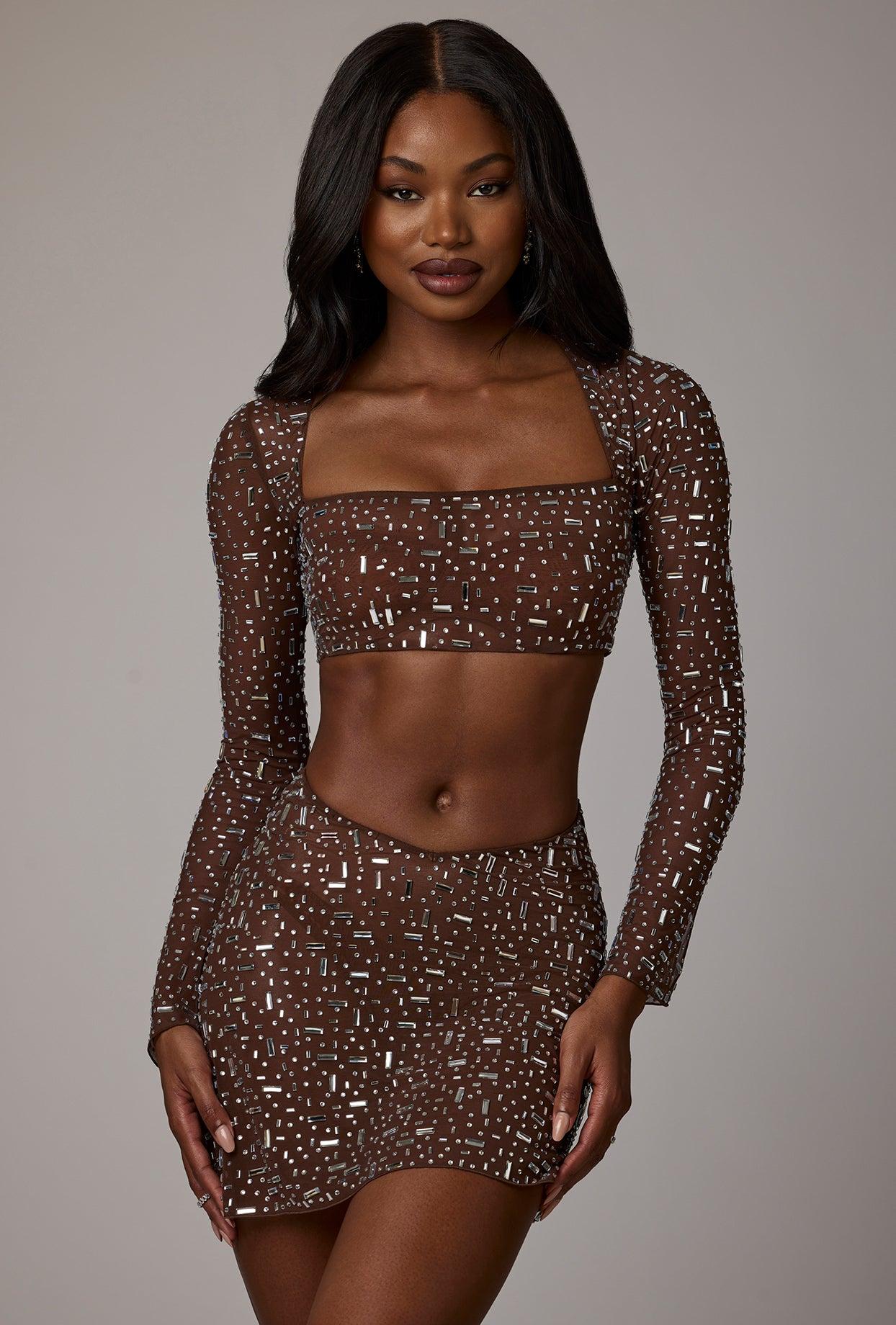 Sheer Embellished V Waist Mini Skirt in Deep Cocoa Product Image