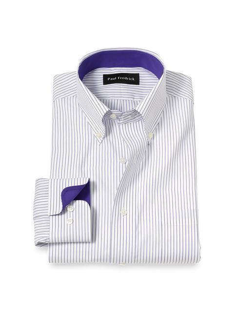 Non-Iron Cotton Stripe Dress Shirt With Contrast Trim - Purple Product Image