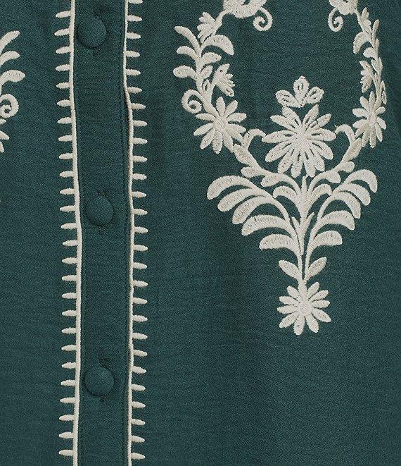 Calessa Embroidered Placement Print Ruffle Split V-Neck 3/4 Sleeve Button-Front Tunic Product Image