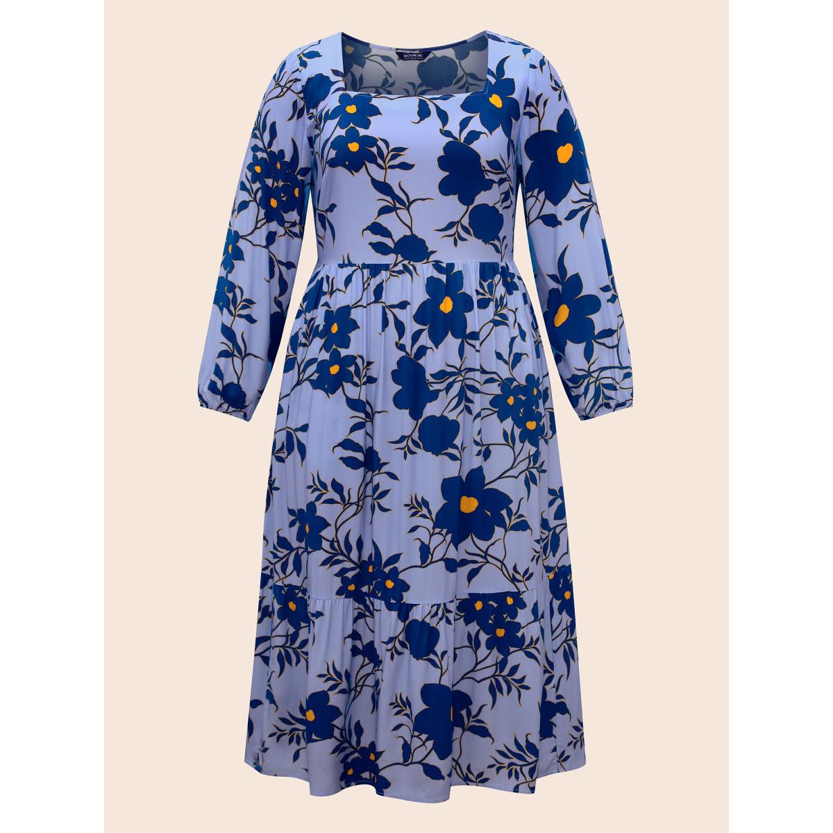 Plus Size Square Neck Floral Patchwork Ruffle Hem Dress Skyblue Women Elegant Non Square Neck Long Sleeve Curvy BloomChic 10/M Product Image