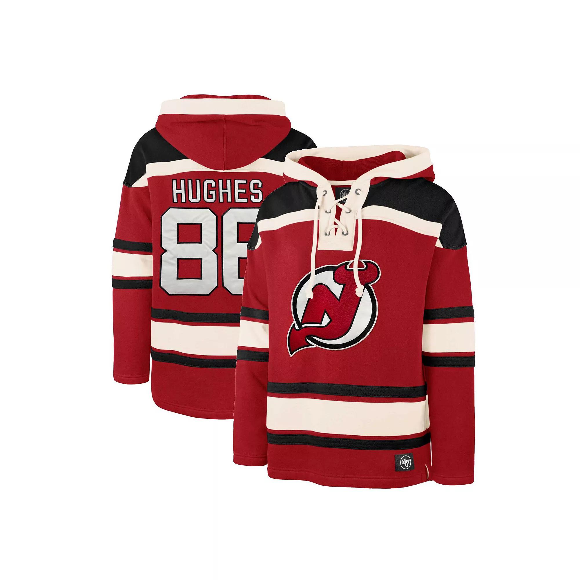 Men's '47 Jack Hughes Red New Jersey Devils Player Lacer Pullover Hoodie, Size: Small, Nhl Red Product Image