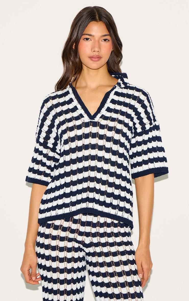  Navy Crochet Stripe Rugby Knit Top Product Image