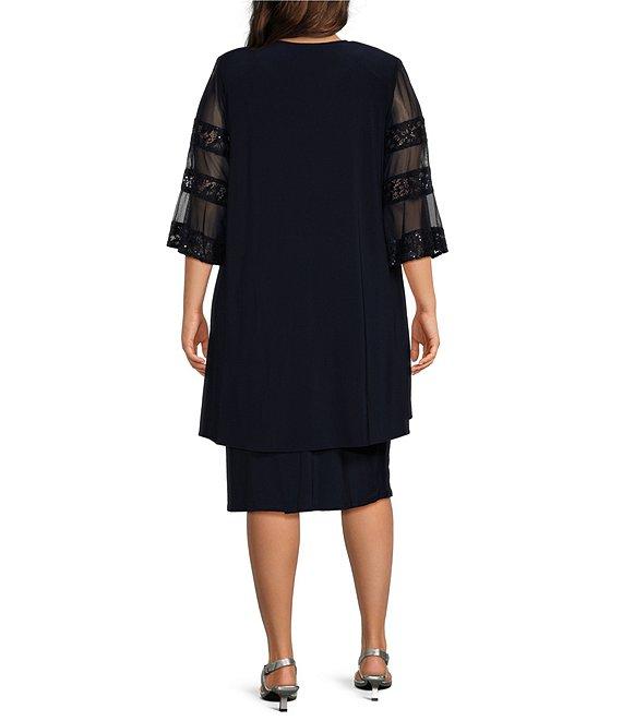 Le Bos Plus Size Embroidered Mesh V-Neck 3/4 Bell Sleeve 2-Piece Jacket Dress Product Image