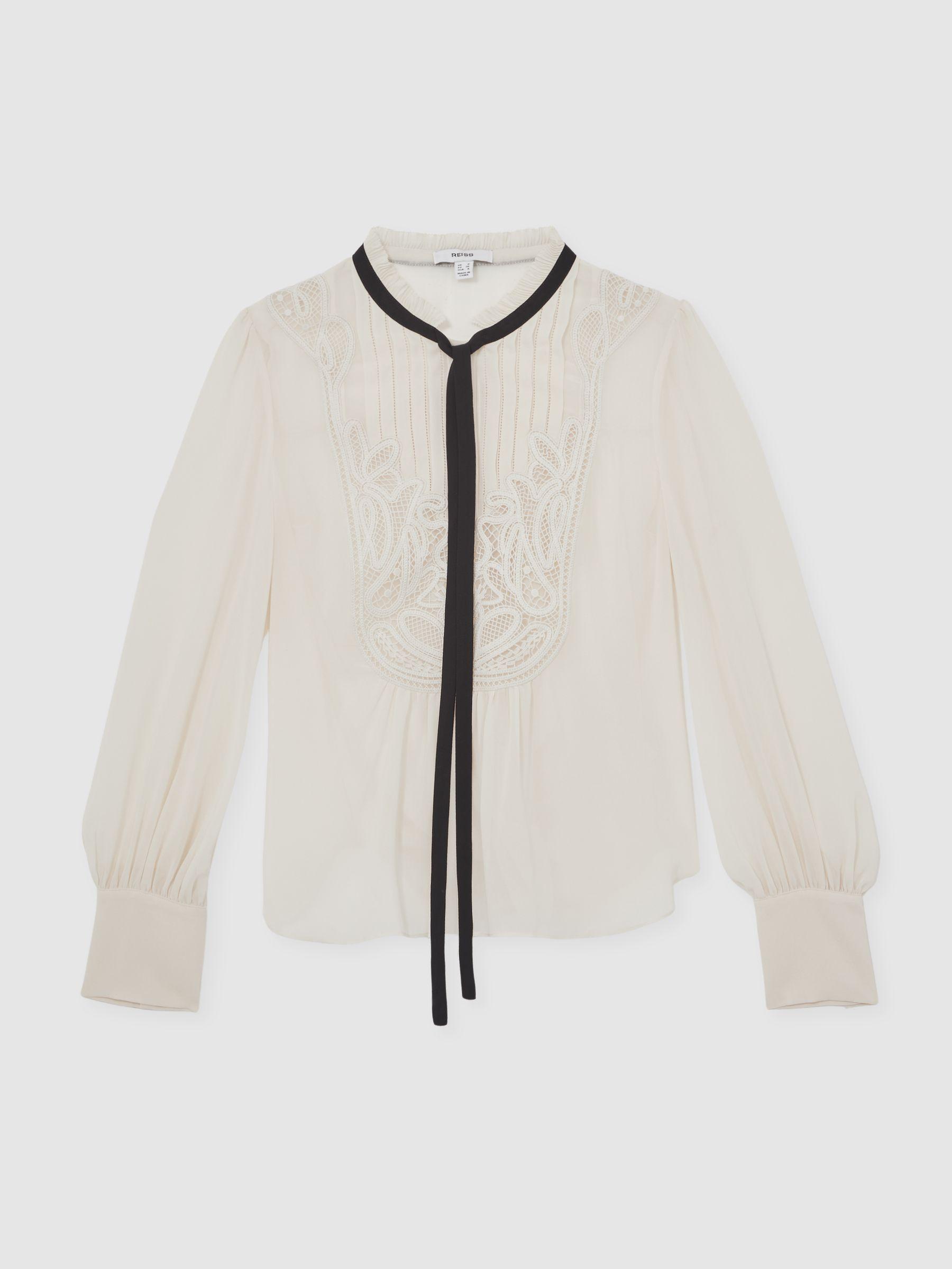 Lace-Embroidered Tie-Neck Shirt in Cream Product Image